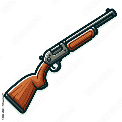 Hunting shotgun with wooden stock, detailed illustration. Suitable for sporting goods catalogs, hunting guides, firearm safety materials, and country lifestyle.