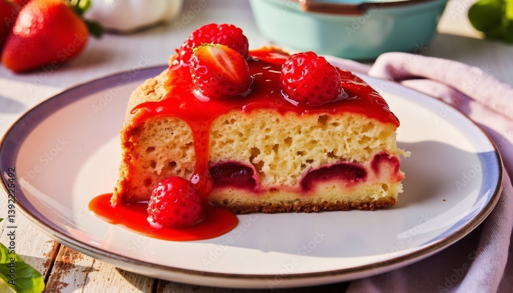 Delicious Slice Of Strawberry Cake With Fresh Berries And Red Glaze Delicious Slice Of Strawberry Cake With Fresh Berries And Red Glaze