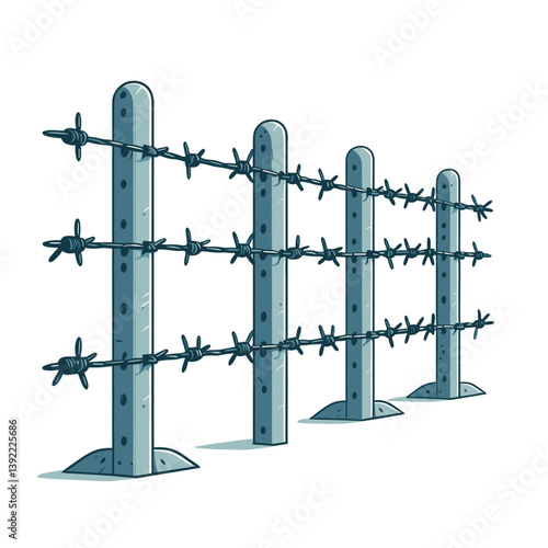 Barbed wire fence with metal posts in blue tones. Perfect for security concepts, border protection and restricted area illustrations.