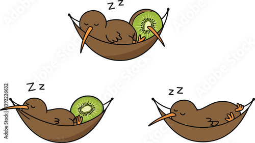 Cute kiwi bird relaxing in a hammock with kiwi fruit in flat vector art