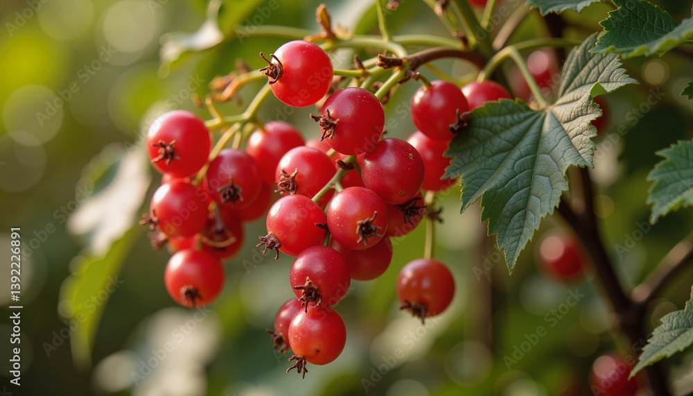 Red berries hanging on a branch against a blurred green background Red berries hanging on a branch against a blurred green background