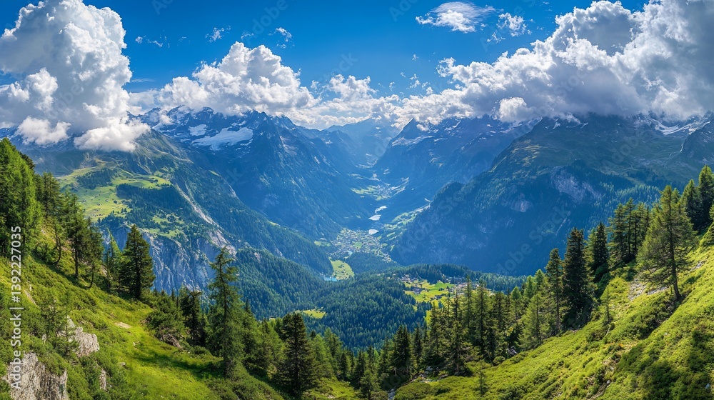 Obraz premium Alpine valley panorama, summer, scenic view, clouds, mountains, tourism, travel, postcard