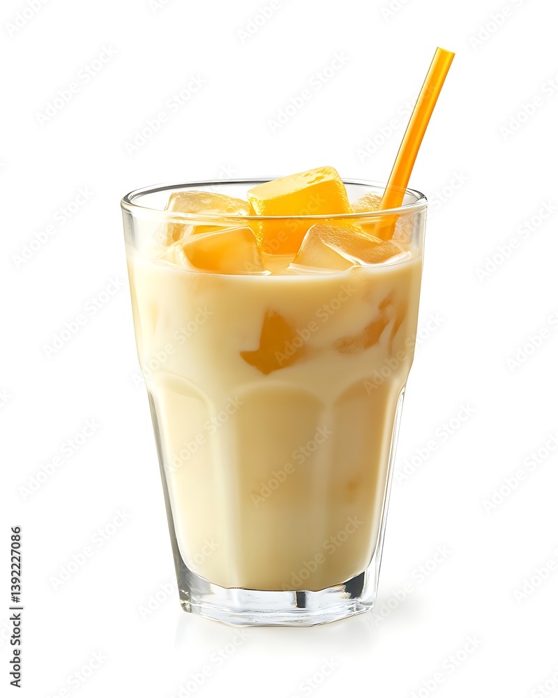Mango drink with straw on table with plain background, for menu, recipe Mango drink with straw on table with plain background, for menu, recipe