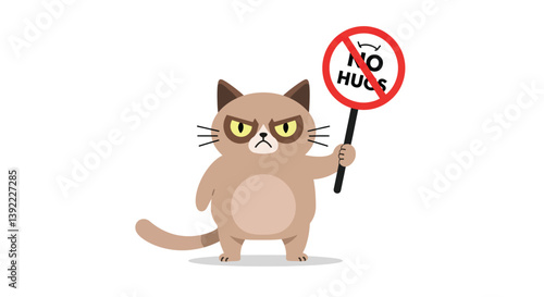 Cat holding a sign with a no hugs message in flat vector illustration