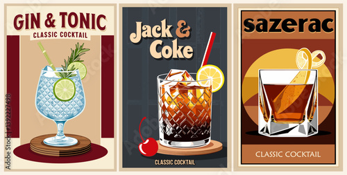Cocktails retro poster set. Jack and Coke, Gin and Tonic, Sazerac. Collection of popular alcohol drinks. Vintage style flat vector illustrations for bar, pub, restaurant, kitchen wall art.