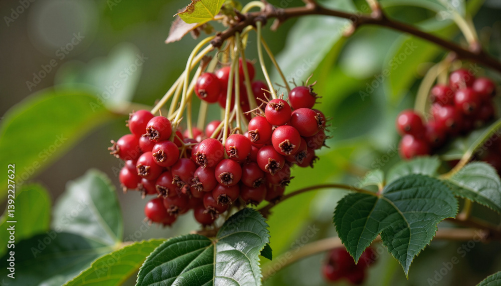 Fototapeta premium Vibrant red berries clustered on lush green leaves 