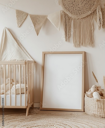 Mockup art frame beside crib in nursery with neutral decor for children's design ideas
