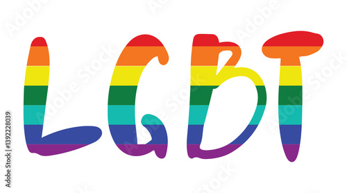 LGBT phrase abbreviation in classic gay pride flag. Groovy hand drawn letters, isolated on white background.