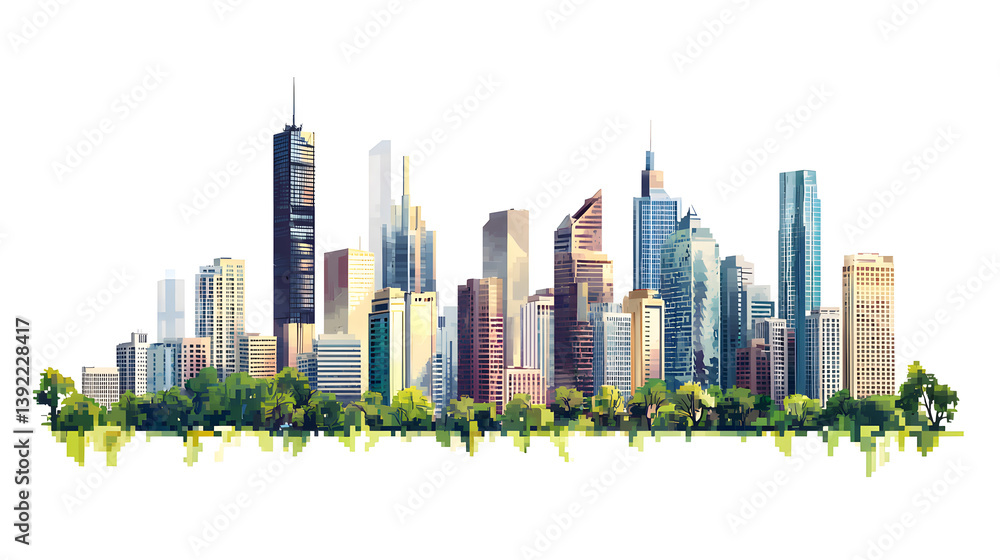 Fototapeta premium Pixel art city skyline with tall buildings isolated on white background
