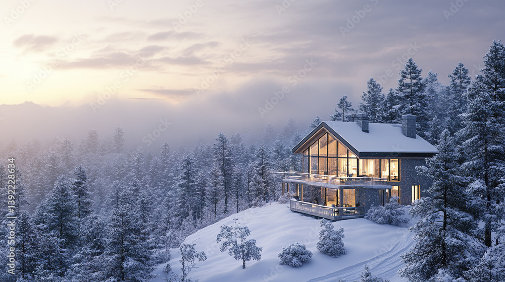 snow covered hillside resort house with panoramic views at sunset snow covered hillside resort house with panoramic views at sunset