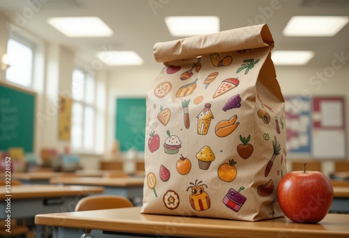 Decorated lunch bag and apple on school desk in brightly lit classroom setting.
