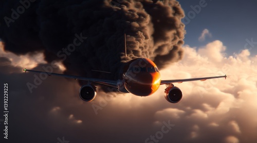 Airplane flying through dark smoke clouds during sunset