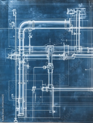 Wallpaper Mural Gravity-fed water system blueprint with detailed pipes and tanks. Torontodigital.ca