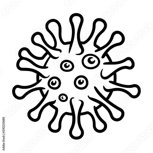 Abstract virus or germ icon with multiple arms and circular body in a stylized black and white line art