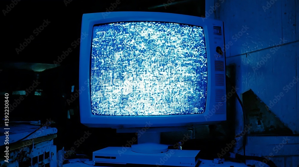 Fototapeta premium Old tv static in dark room. Decay behind. Use horror movie, tech problem