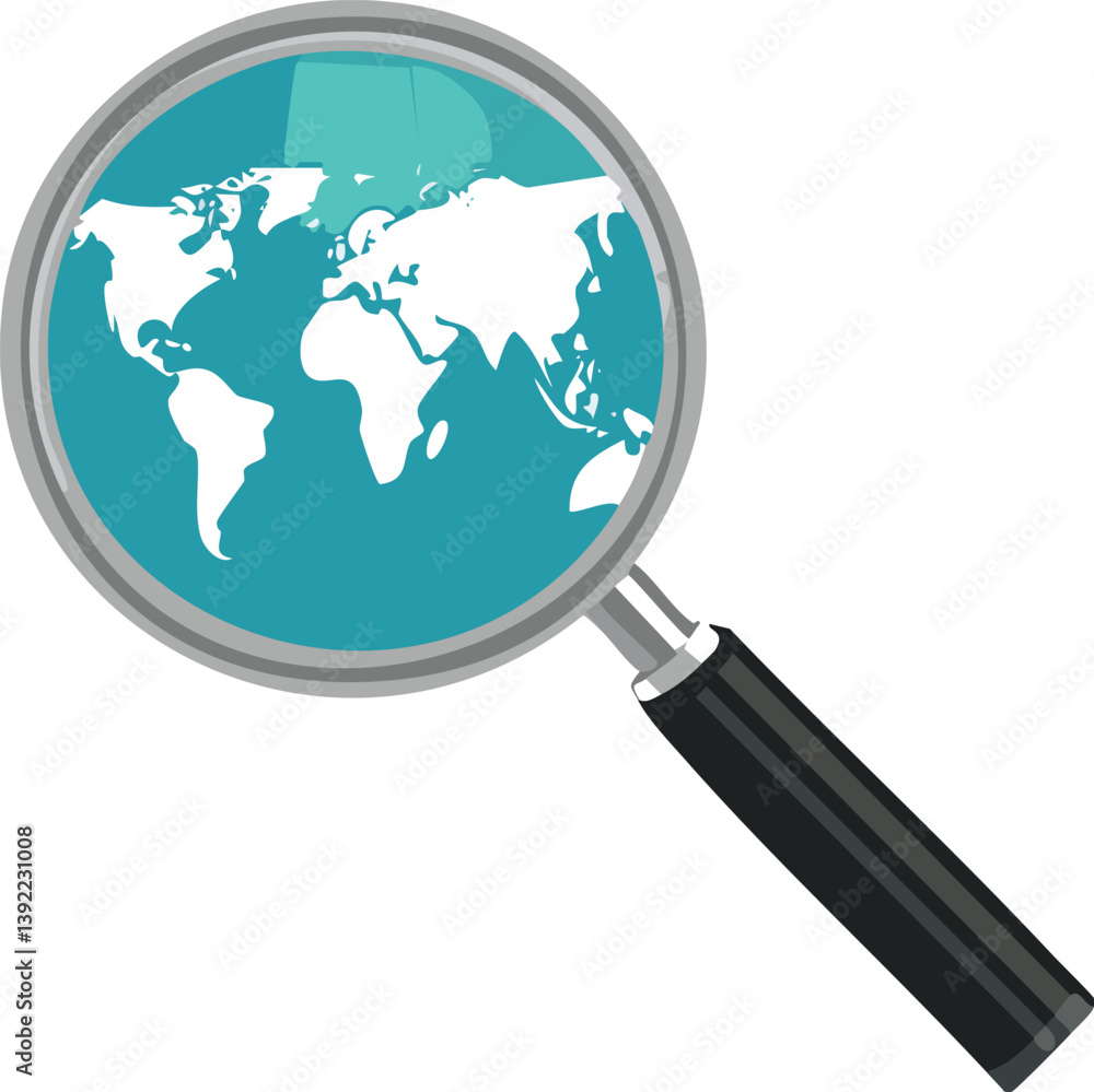 Magnifying glass with world map inside, exploration concept, travel research, global discovery, vector illustration isolated Magnifying glass with world map inside, exploration concept, travel research, global discovery, vector illustration isolated