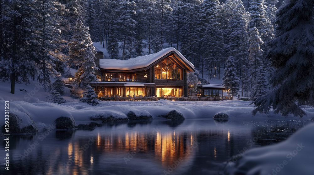 Fototapeta premium snow covered forest resort house with warm glowing lights reflects on serene lake