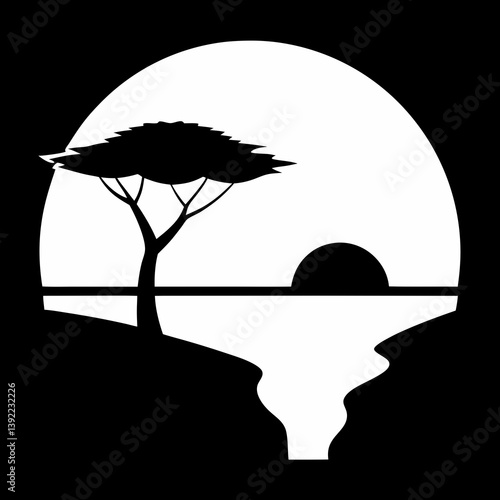 African savanna tree with sunset over water black and white illustration Silhouette
