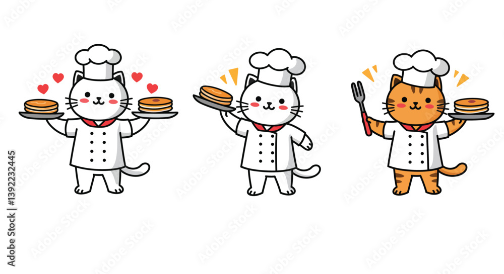 Cute cartoon cats as chefs with pancakes in flat vector art Cute cartoon cats as chefs with pancakes in flat vector art
