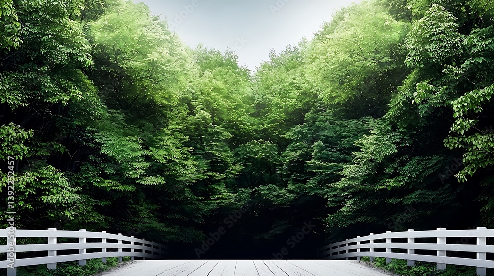 Bridge across a forest with vibrant green trees leading towards a light. Nature's beauty Bridge across a forest with vibrant green trees leading towards a light. Nature's beauty