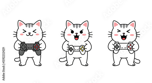 Playful cat character progression with game controllers in minimal vector illustration