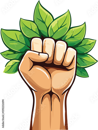 Empowered fist holding young plant, environmental activism symbol, eco protest movement, sustainability revolution, vector isolated 