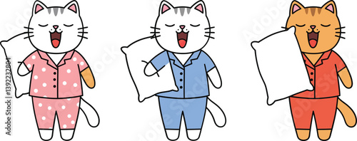 Cute cartoon cats changing pajamas in flat vector illustration style