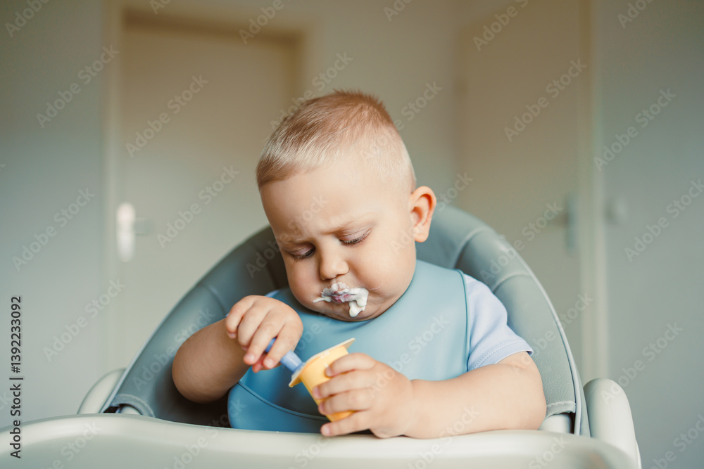 Smiling boy sitting in a high chair, eating yogurt in the kitchen. Healthy food for children. Bio yogurt food for children. Children eating vegetables. Little boy eating dairy products.