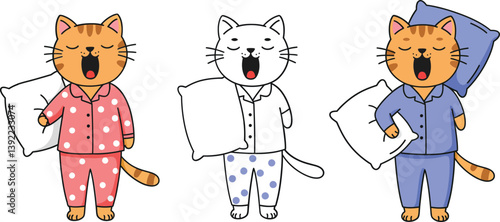 Cats yawning in pajamas changing colors in flat vector illustration