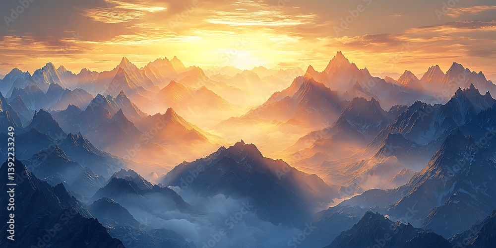 Scenic mountain range in soft mist at sunrise with warm light creating a tranquil atmosphere Scenic mountain range in soft mist at sunrise with warm light creating a tranquil atmosphere