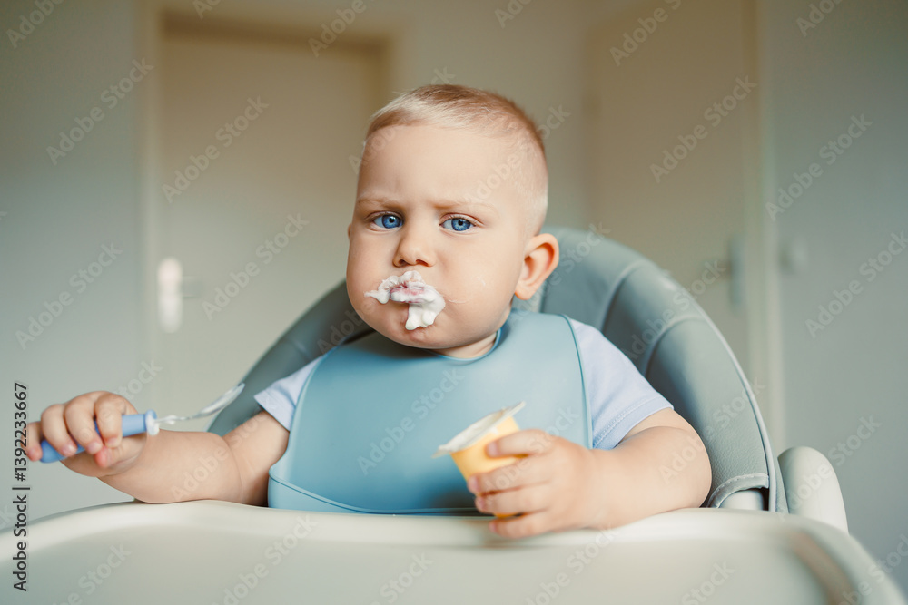 Smiling boy sitting in a high chair, eating yogurt in the kitchen. Healthy food for children. Bio yogurt food for children. Children eating vegetables. Little boy eating dairy products.