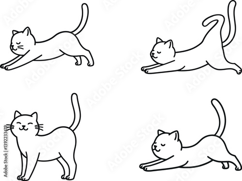 Cat stretching in playful poses flat vector illustration