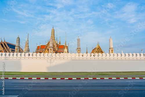 Beautiful of Buddhist temple or Wat Phra Kaew or Wat Phra Si Rattana Satsadaram with famous tourist landmark sunlight in the morning, Bangkok, Thailand.