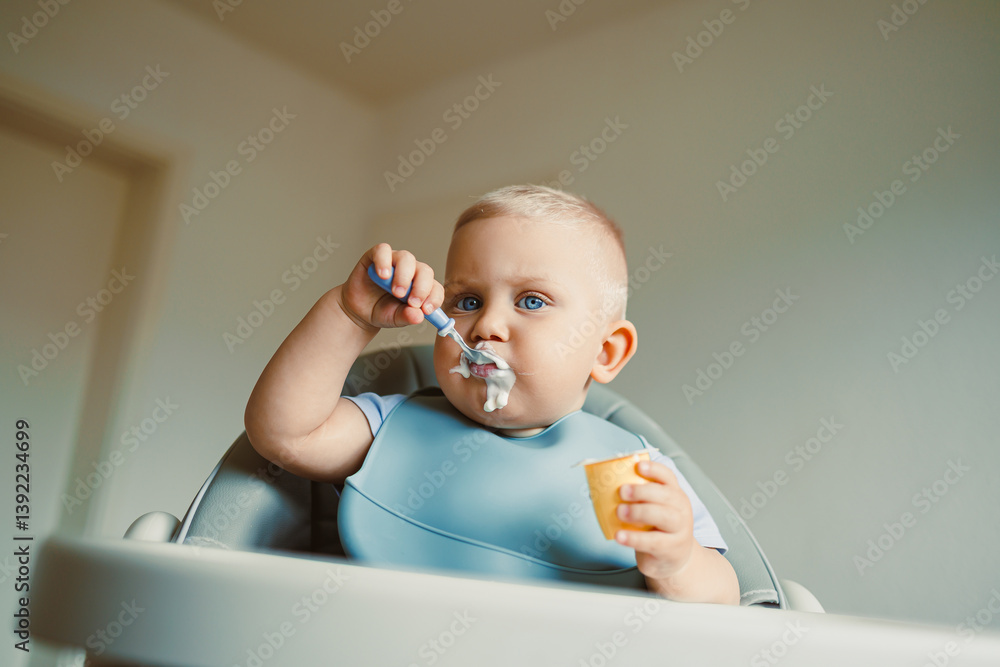 Smiling boy sitting in a high chair, eating yogurt in the kitchen. Healthy food for children. Bio yogurt food for children. Children eating vegetables. Little boy eating dairy products.