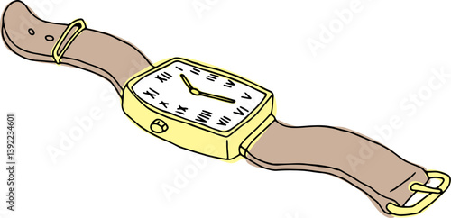 yellow wristwatch with strap carelessly and inaccurately painted with roman numerals on the dial hand drawn with black curved lines