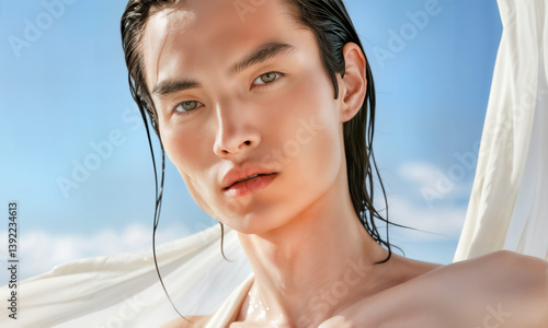 AI generated image of a handsome Asian male model with wet hair under soft daylight. Clean, fresh, and effortlessly striking