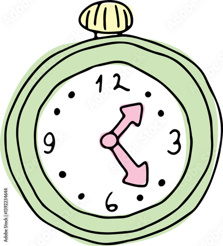 round green stopwatch watch carelessly and sloppily painted with Arabic numerals on the dial hand drawn with black curved lines