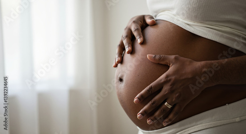 A pregnant woman tenderly hugs her belly on a gray background. The concept of preparing women for pregnancy, childbirth, motherhood.