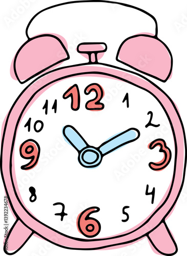 round pink watch carelessly and sloppily painted with Arabic numerals on the dial hand drawn with black curved lines