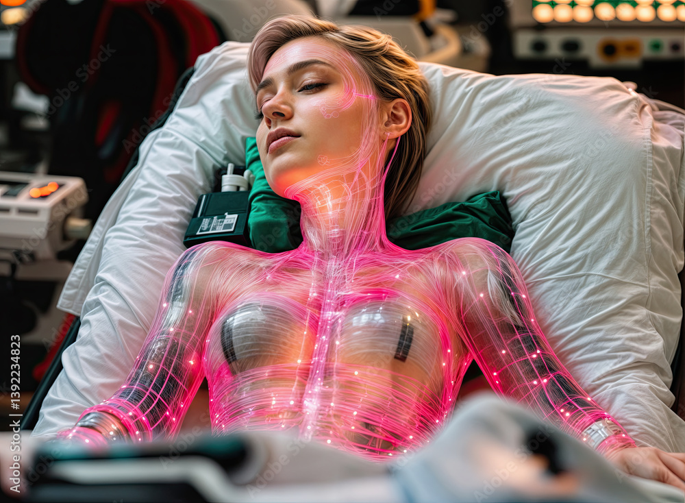 Intricate pink light patterns trace the contours of a figure, suggesting advanced technology.