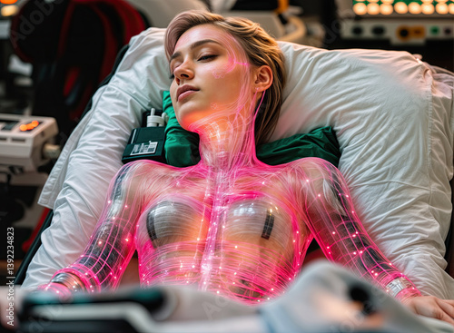 Obraz na płótnie Intricate pink light patterns trace the contours of a figure, suggesting advanced technology. w salonie