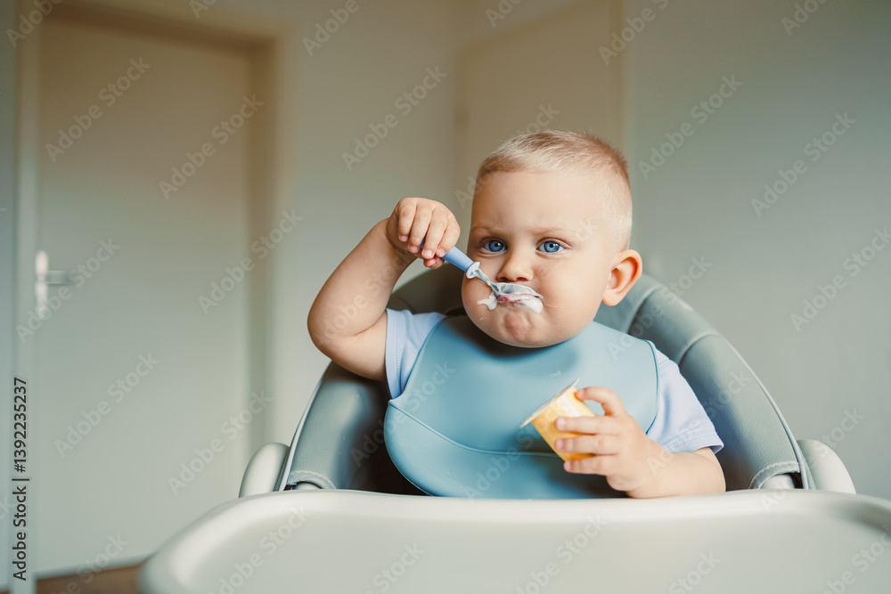 Smiling boy sitting in a high chair, eating yogurt in the kitchen. Healthy food for children. Bio yogurt food for children. Children eating vegetables. Little boy eating dairy products.