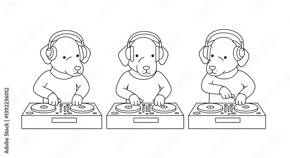 Dog DJ performing with turntables in flat style vector art Dog DJ performing with turntables in flat style vector art