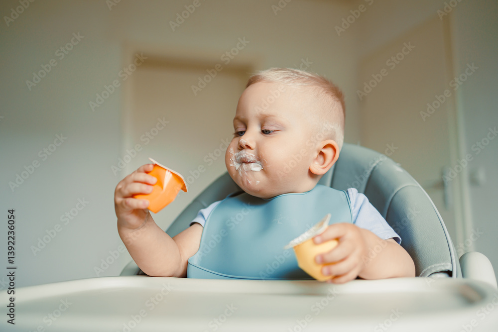 Smiling boy sitting in a high chair, eating yogurt in the kitchen. Healthy food for children. Bio yogurt food for children. Children eating vegetables. Little boy eating dairy products.
