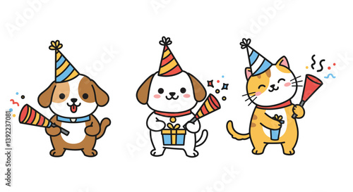 Wallpaper Mural Cute animals celebrating with party hats in a playful flat vector illustration Torontodigital.ca