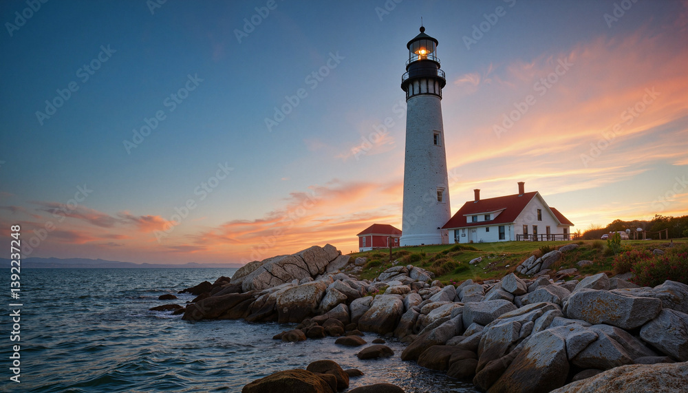 Naklejka premium Lighthouse shining at sunset over rocky shoreline