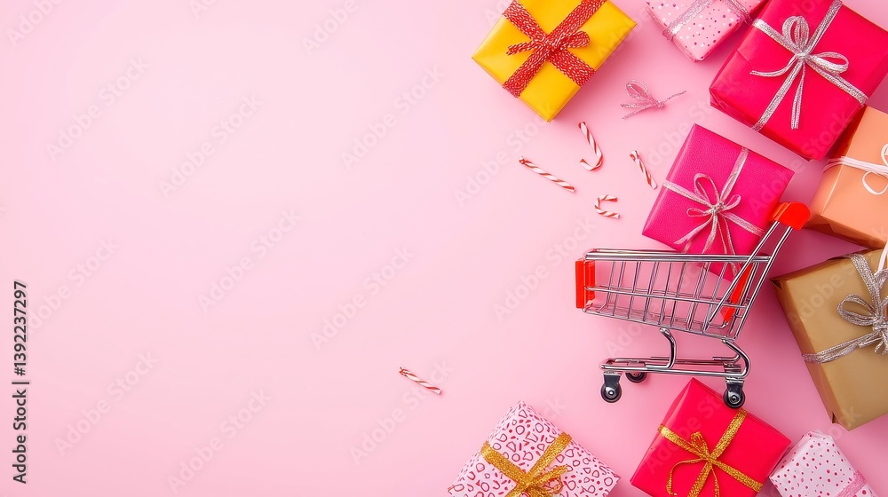 Mini red shopping cart filled with vibrant gift bags on a pastel pink background, ideal for showcasing festive sales and promotions in a cheerful, minimalist layout Mini red shopping cart filled with vibrant gift bags on a pastel pink background, ideal for showcasing festive sales and promotions in a cheerful, minimalist layout