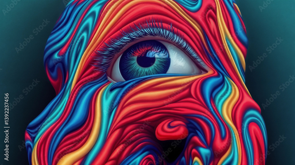 A vibrant eye, swathed in flowing, colorful fabric, catches the light. A vibrant eye, swathed in flowing, colorful fabric, catches the light.
