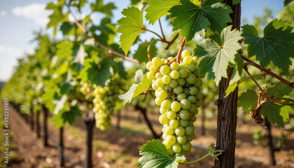 Fototapeta premium Fresh green grapes hanging from vine in sunny vineyard 