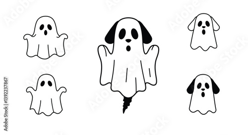 Cute ghost dog transformation in playful flat vector art style with various expressions in vector illustration